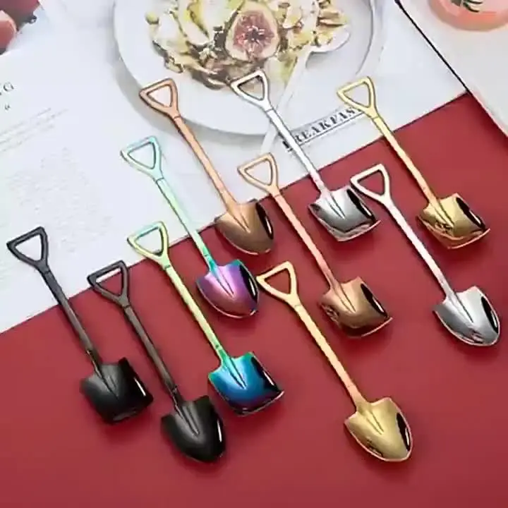 10PCS Metallic Look Mini Shovel-Shaped Stirring Spoons with Long Handles, Novelty Tableware for Coffee, Ice Cream, Home Kitchens, Indoor Recreation Use, Fun Kitchen Gifts