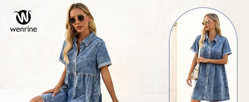 FMEYOA Womens Summer Denim Dress Button Down Short Sleeve Babydoll Dress Puff Sleeve Flowy Jean Dress