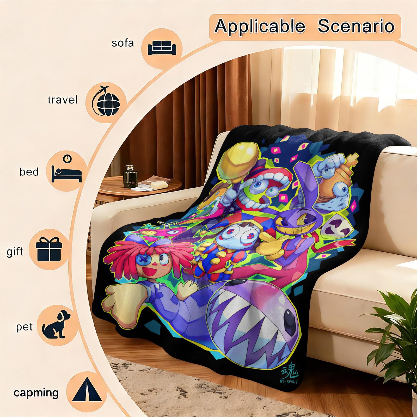 Trendy Digital Circus All-Character Print Blanket, Cartoon Anime Peripheral Flannel Nap Blanket, Warm Sofa Cover Blanket for Home & Student Dorm, Flannel Cozy Blanket
