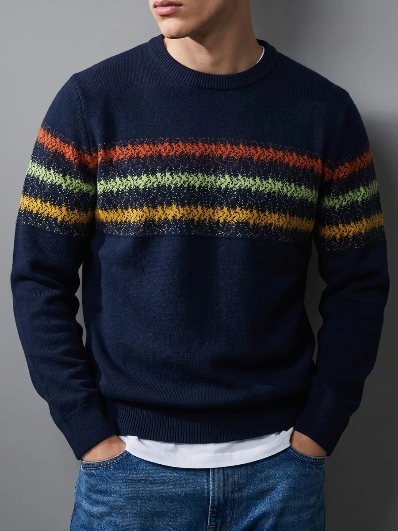Men's Vintage Striped Sweater Y2K Streetwear Long Sleeve Crewneck Pullover Premium Knit Casual Loose Fit Jumper Top For Daily Wear School Fall Winter Fashion Warm Cozy Trendy Outfit Ideas For Teens Boys Mens Gift Navy Blue Orange Green Yellow Stripes