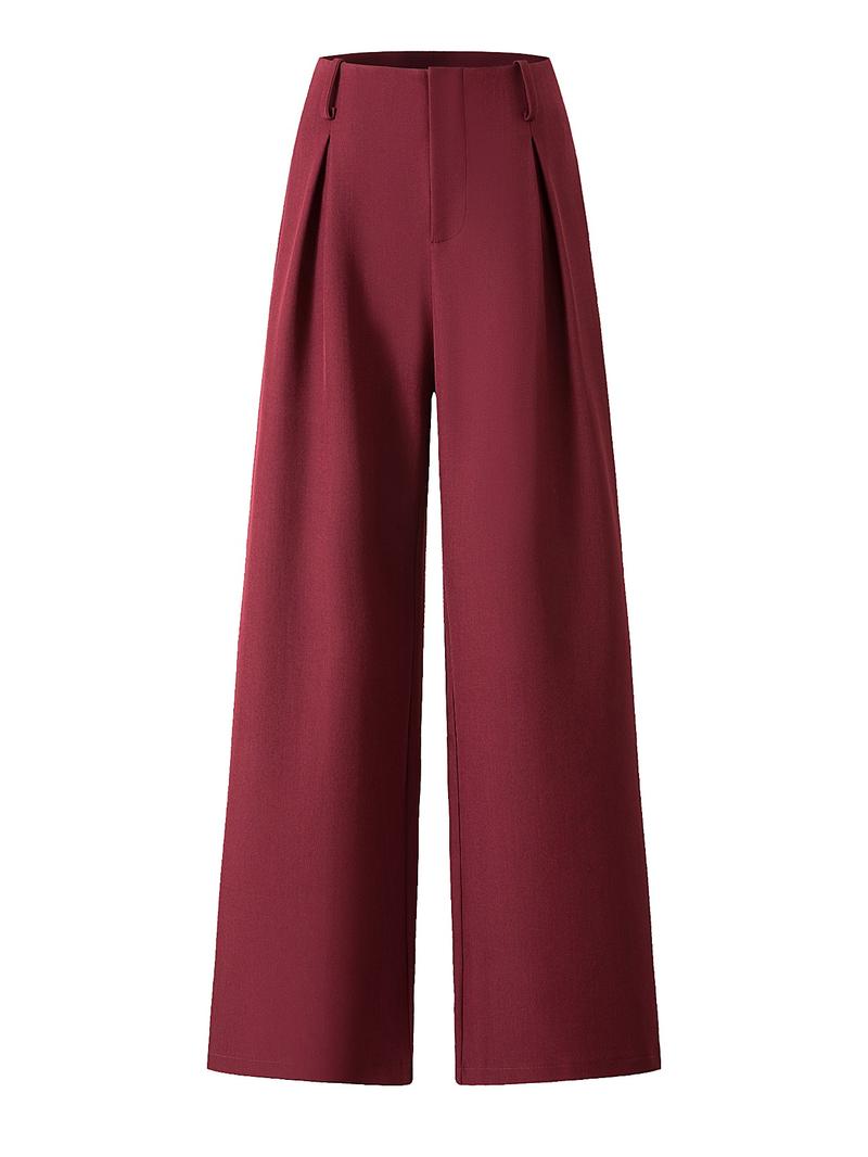 Women's Solid Color Plicated Pocket Wide Leg Pants, Elegant Zipper Fly Trousers for Work Office Business, Ladies Spring & Fall Clothes