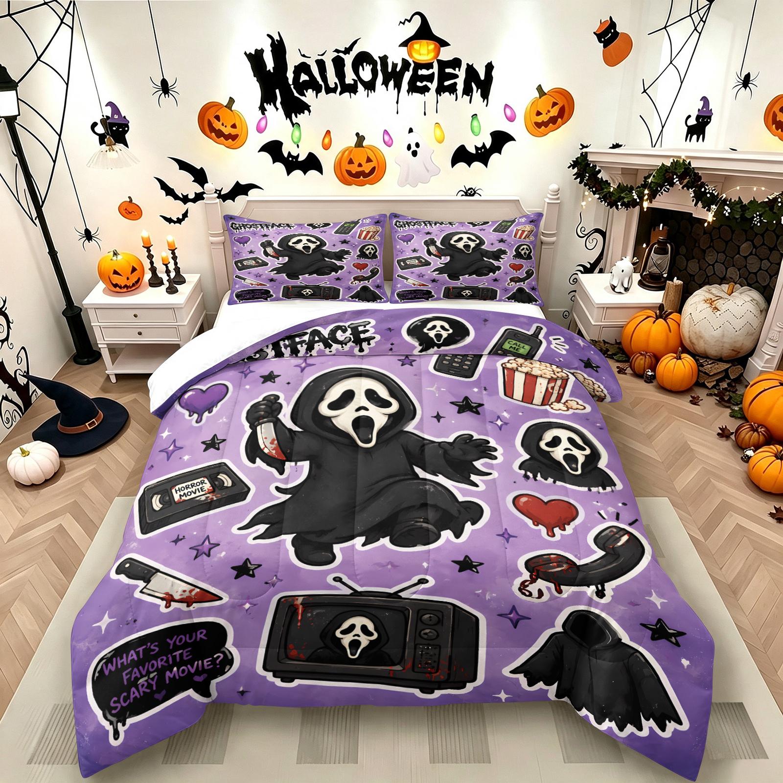 Color-Block Plaid Chibi Hugging a Teddy Bear, Pulling a Suitcase and Playing Phone Ghostface Print Comforter Set & 1-2 Pillowcases, Comfortable Easy Care Bedding, Halloween or Movie Fans Bedroom Dorm Decor
