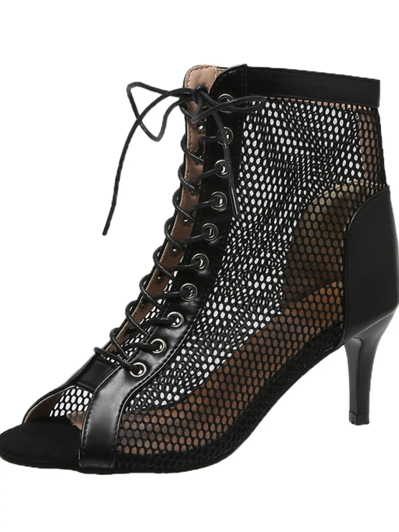Women's Mesh Sandals, Summer Hollow Out Tie Strap High Heel Fish Mouth Shoes, Jazz Dance Short Boots, Fashionable and Comfortable, Dancing Shoes, Dance Footwear