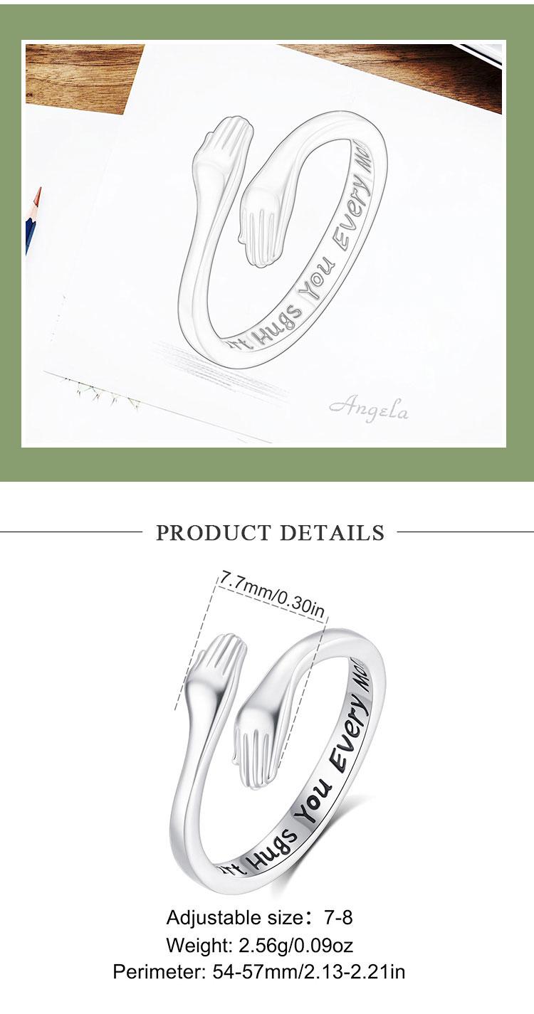 S925 Sterling Silver Adjustable Hug Ring for Women, "My Heart Hugs You" Engraved Open Ring, Dainty Stackable Minimalist Jewelry Gift for Her