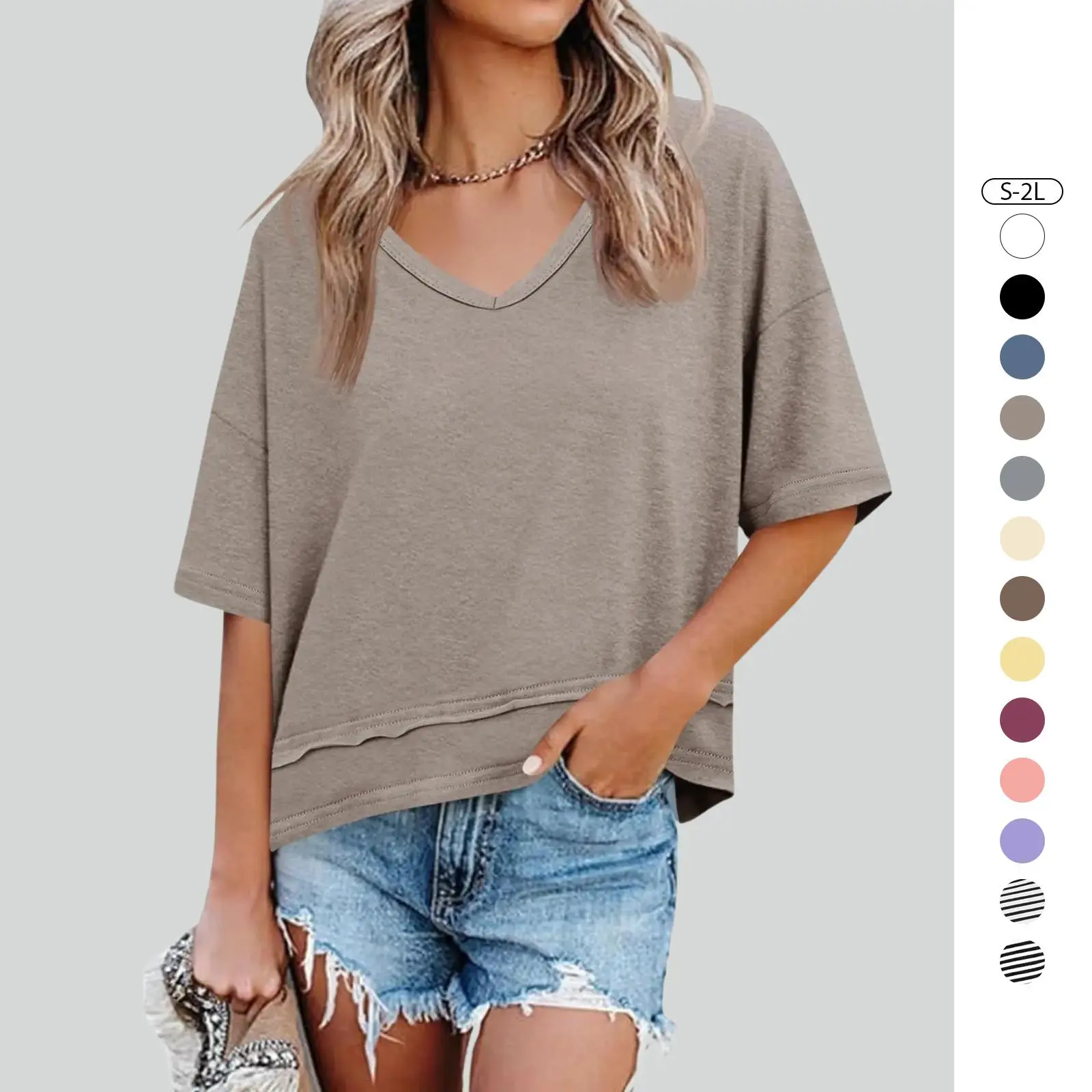 Imily Bela Womens Summer V Neck T Shirts Casual Short Sleeve Flowy Tops Cute Loose Fit Basic Tees Soft
