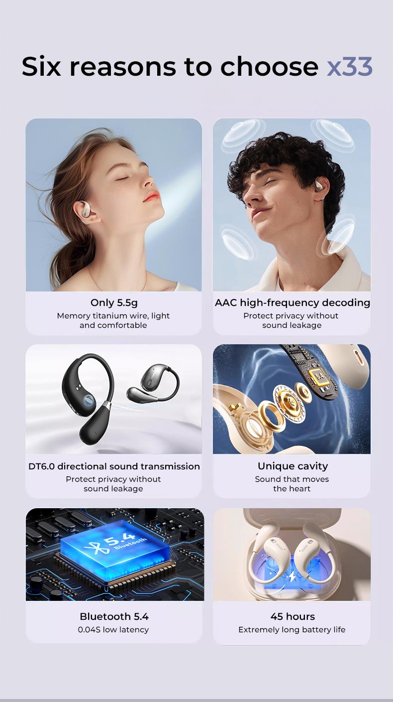 MINISO M95 True Wireless Open Ear Earbuds Bluetooth 5.4 IPX5 Waterproof 48Hours Play time OWS Headphones Immersive Premium Sound Long Distance Connection Headset with Charging Case Light-Weight Headphones Built-in Microphone Earbuds