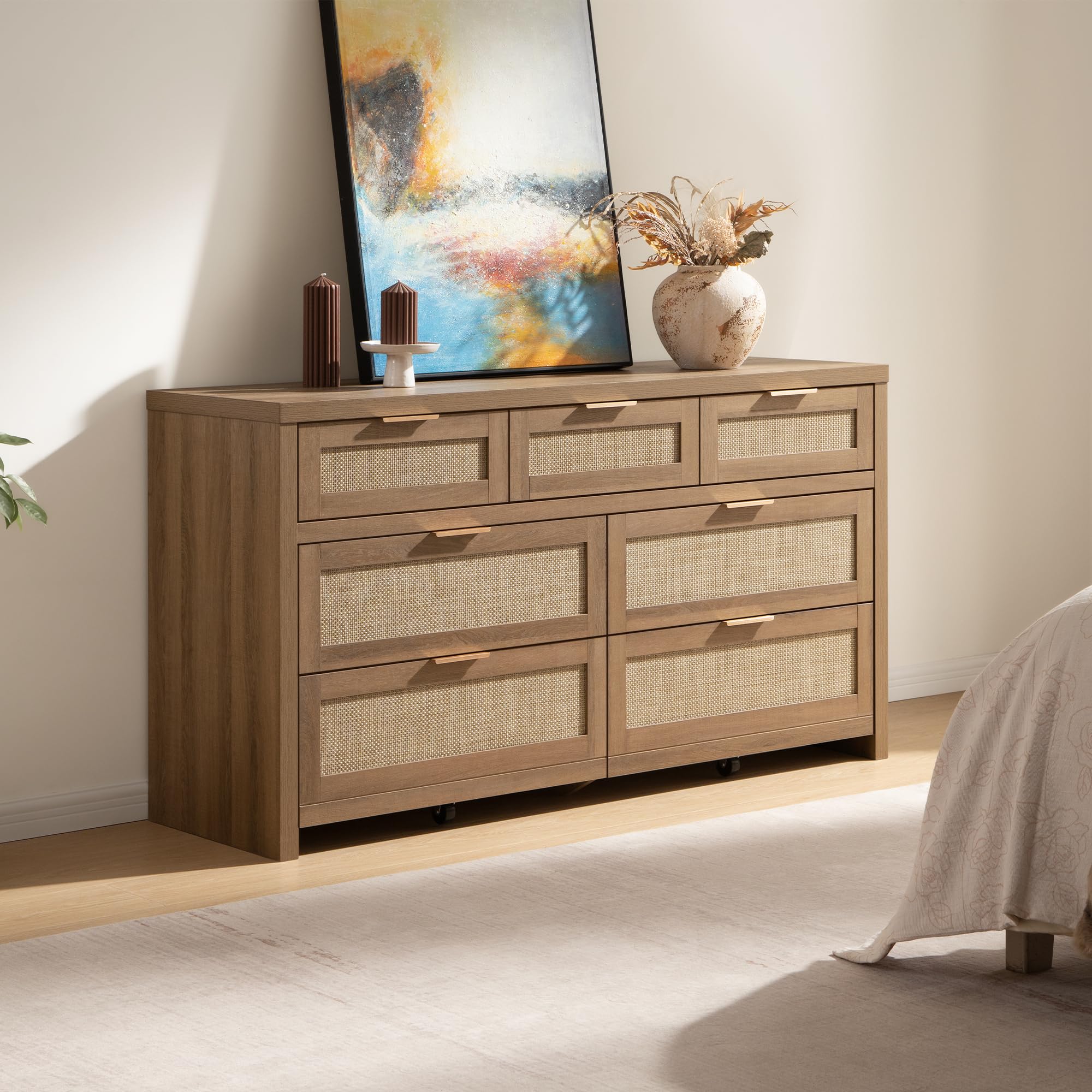 SICOTAS Rattan Dresser for Bedroom, 17.7" x 56.9" x 31.3" Size 6 Drawer Dresser with Ample Storage,Unique Engineered Wood Dressers Large Chest of Drawers for Nursery, Closet, Boho TV Stand for Bedroom, Sturdy and Durable, Easy Installation