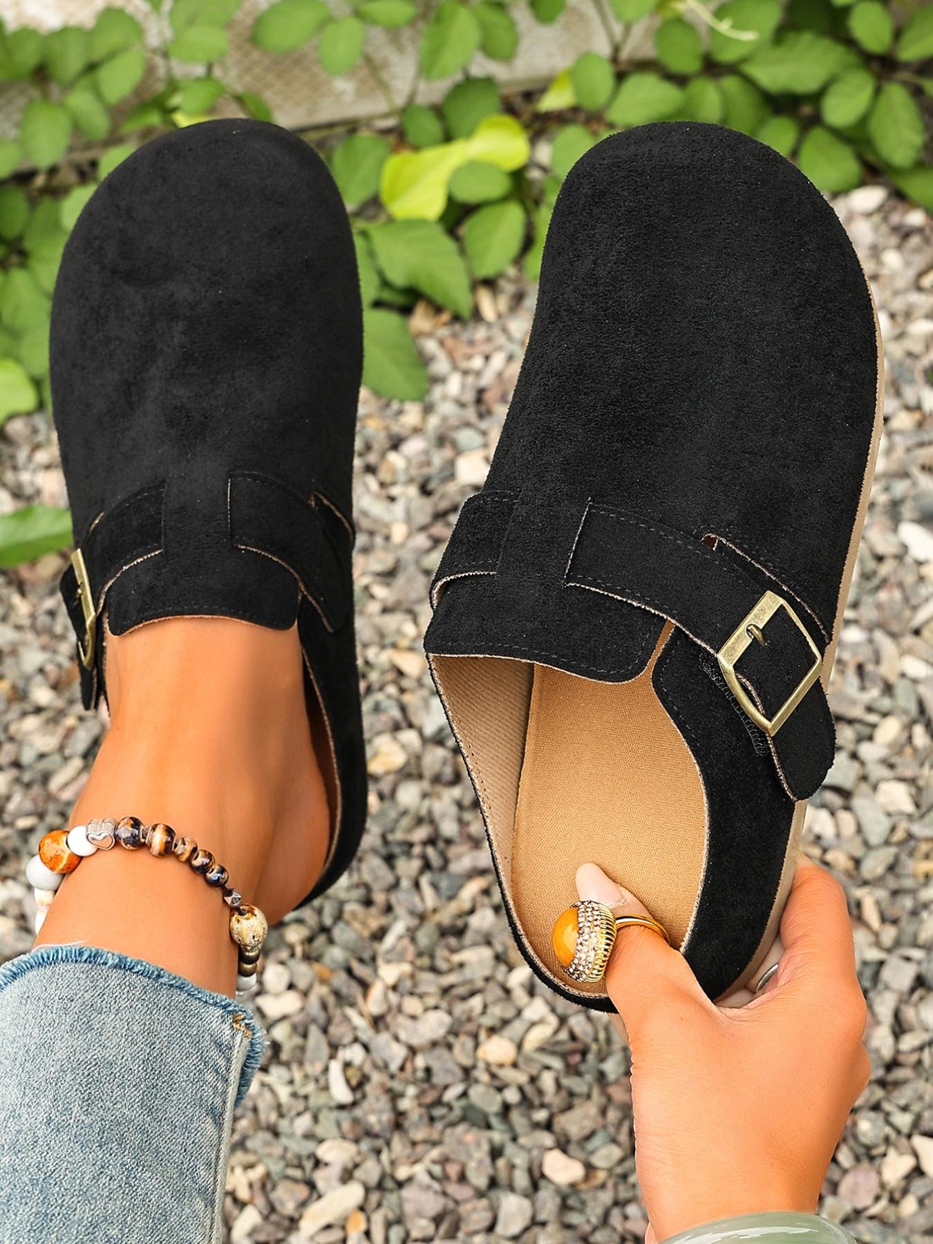 Women's 2026 Spring Summer New Velvet Slip-On Shoes, Wide Fit Comfortable Casual Flat Thick Soled Mules, Adjustable Antique Brass Buckle, Non-Slip Thick Sole
