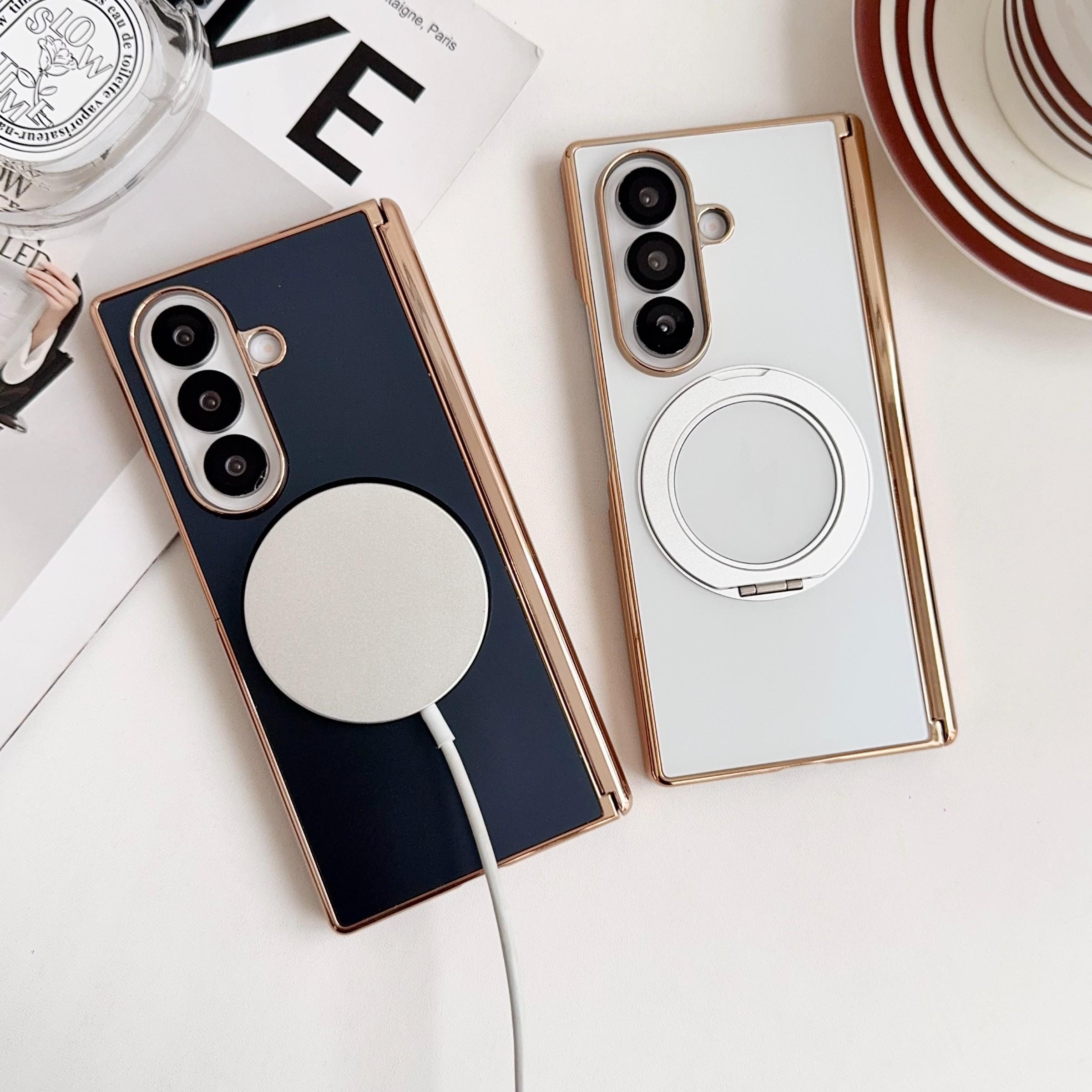 High-End Ag Frosted Electroplated Dual Axis Phone Case for Samsung Galaxy Z Fold7/6/5/4, 360° Rotating Stand, Wireless Charging Support