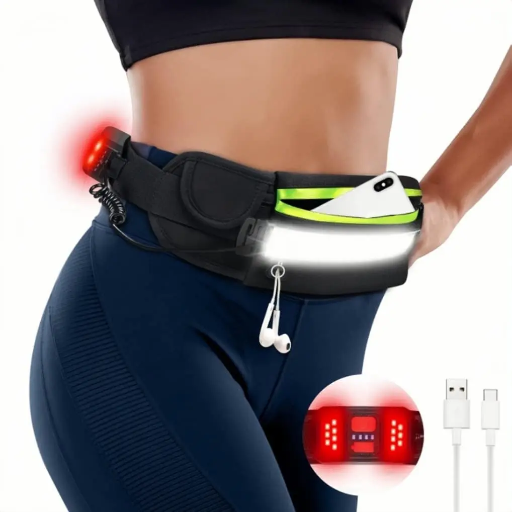 Running Light, 230°Wide-Angle 1000Lumens Night Waliking Light on Running Waist Belt Rechargeable Runners Safety Lights with Adjustable Large Pocket Fanny Packet for Runners Jogging (Black)