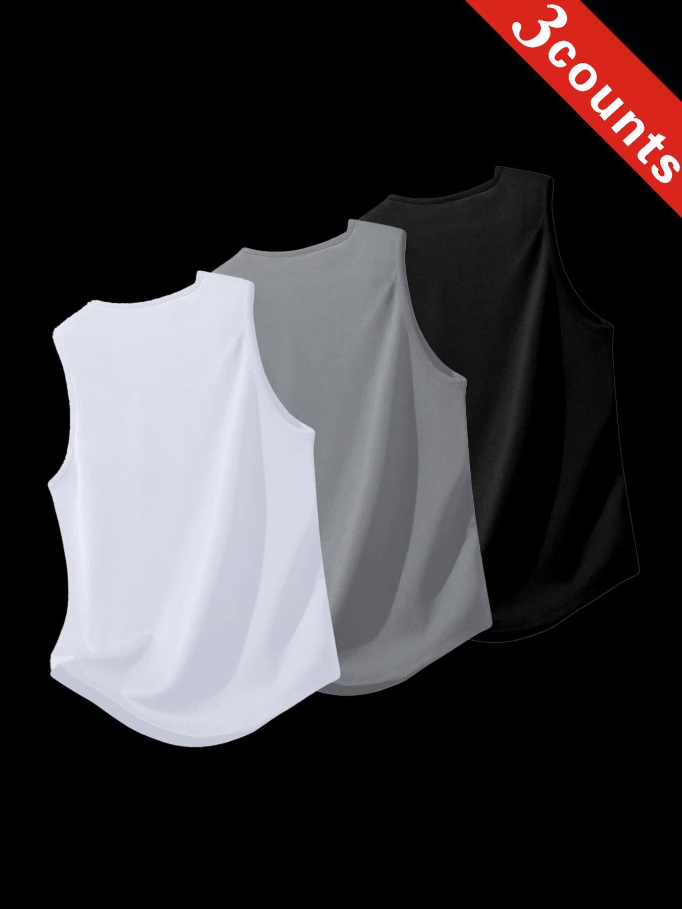 3-Pack Men's Sporty Vest, Quick-Dry Breathable Sleeveless Shirt, Ideal for Gym, Running, Basketball, Lightweight Polyester Print, Fitness Wear