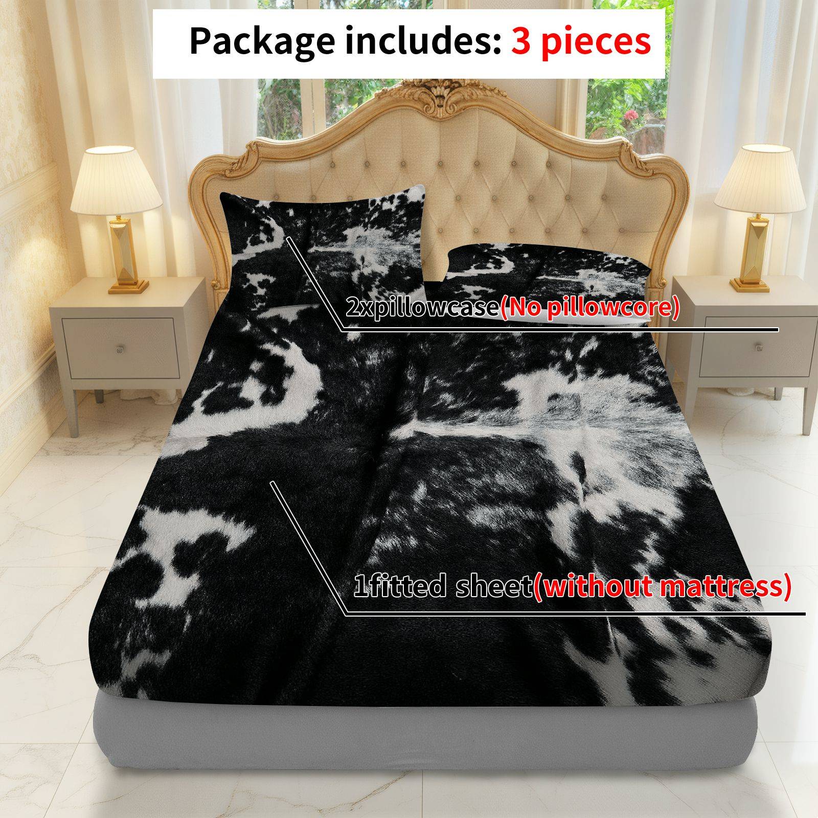 3Pcs Cow Print Black White Fitted Sheet Three Piece Set (1*Fitted Sheet+2*Pillowcases, Coreless), Western theme, Animal Print Bedding Set, Mattress Protector Soft, Breathable