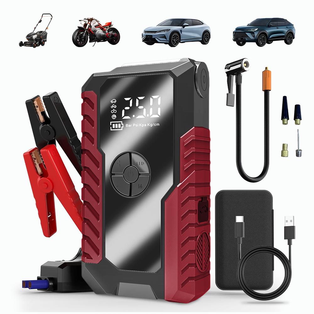 Portable Car Jump Starter with 150PSI Air Compressor, 12V Battery Booster Up to 8.0L Gas/6.0L Diesel, LED Emergency Light & USB Charging，Automotive Tools