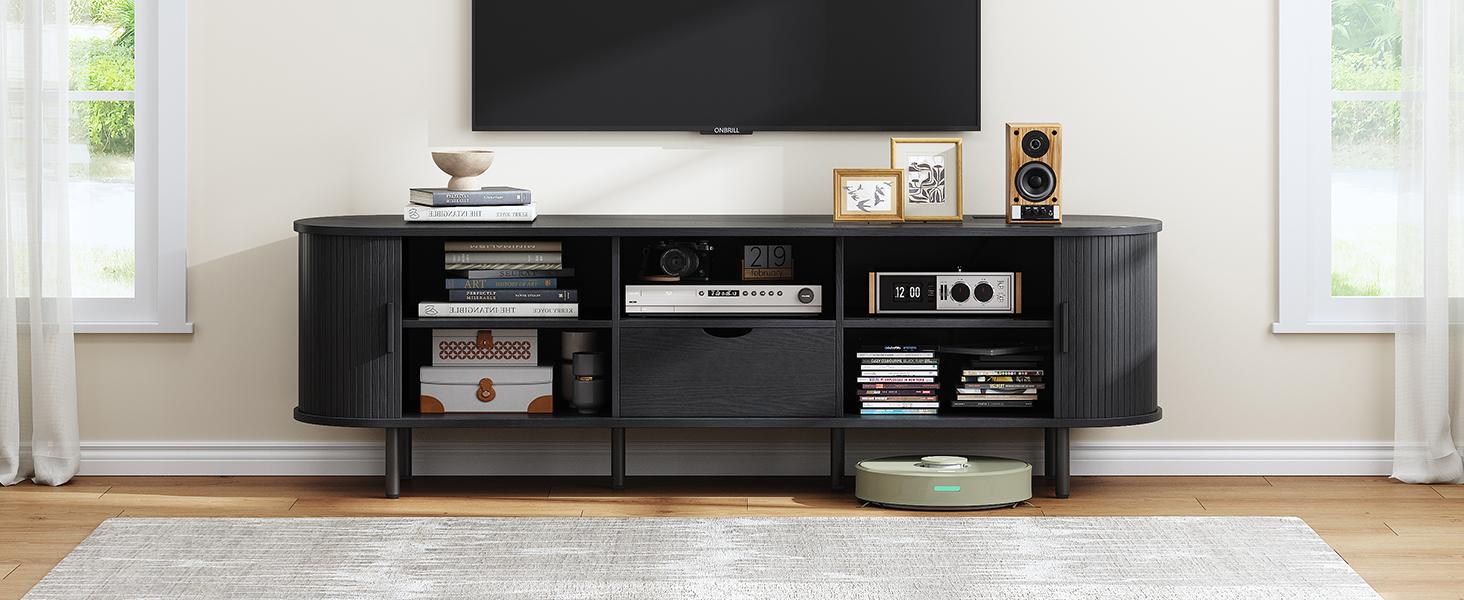 【SPOTLIGHT DAY】ONBRILL 55"/63" Fluted TV Stand with Power Outlet for TVs up to 70 Inch, Entertainment Center with Storage and Adjustable Shelves, Modern Media Console with Sliding Doors for Living Room