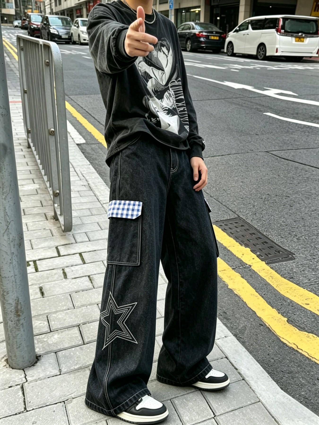 Fashion Streetwear Hip-Hop Straight Leg Embroidered Classic Work Jeans for Men, Trendy Multi-Pocket Work Denim Jeans, Casual Loose Fit