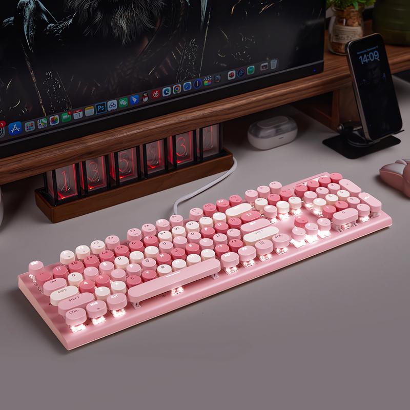 Cute Full Size Wired Keyboard for Girls, White Backlit Typewriter Keyboard with Volume Knob, Light Switch Button and Foldable Stands, Wired Keyboard with Number Pad for Computer PC Laptop