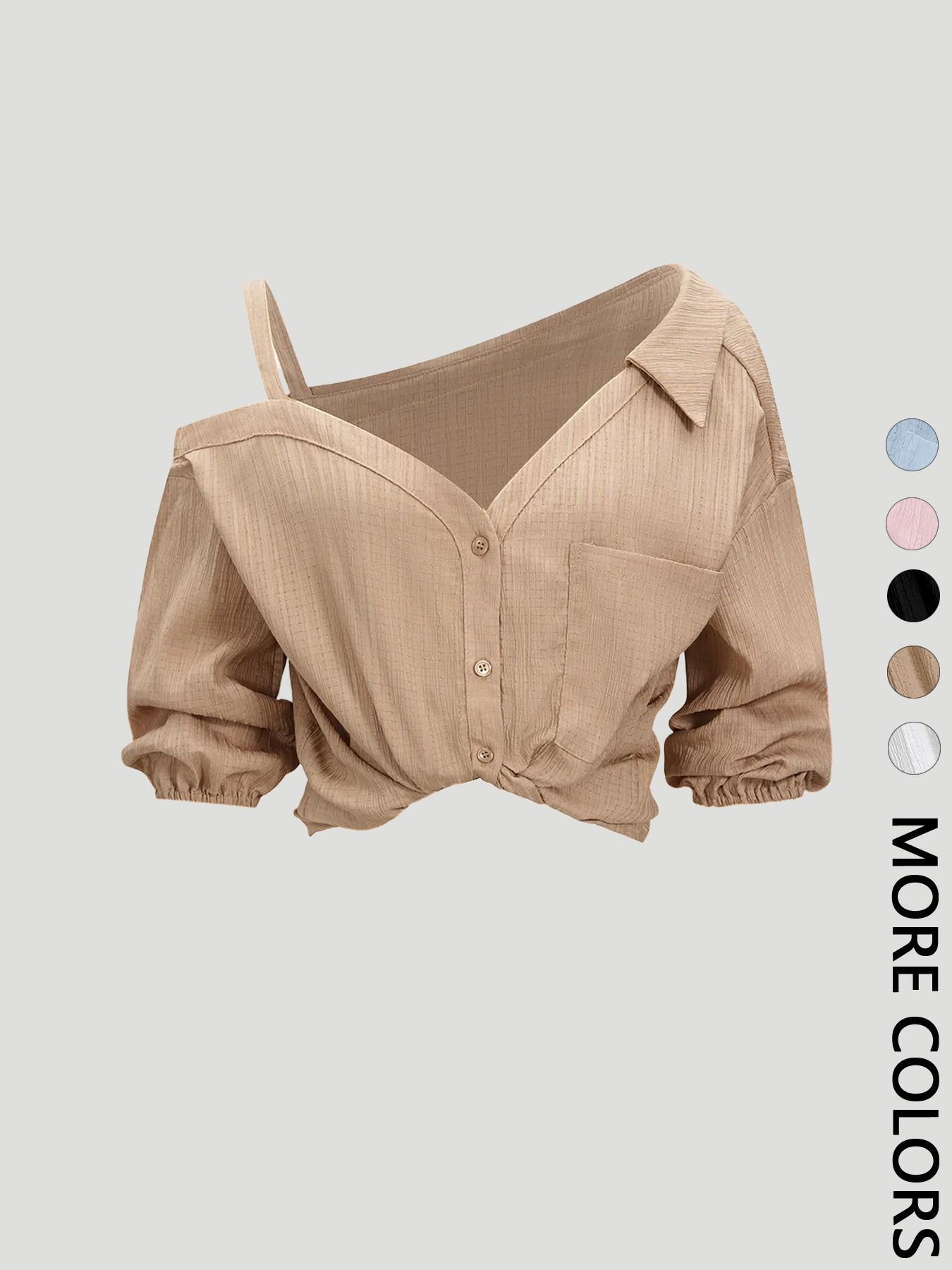 Women's Asymmetric Neckline Cold Shoulder Blouse, Collared Button Down 3/4 Sleeve Design, Textured Fabric, Clean Girl Top, Casual Chic Style Clothes for Vacation, Beach and Daily Wear, Spring & Summer Wear