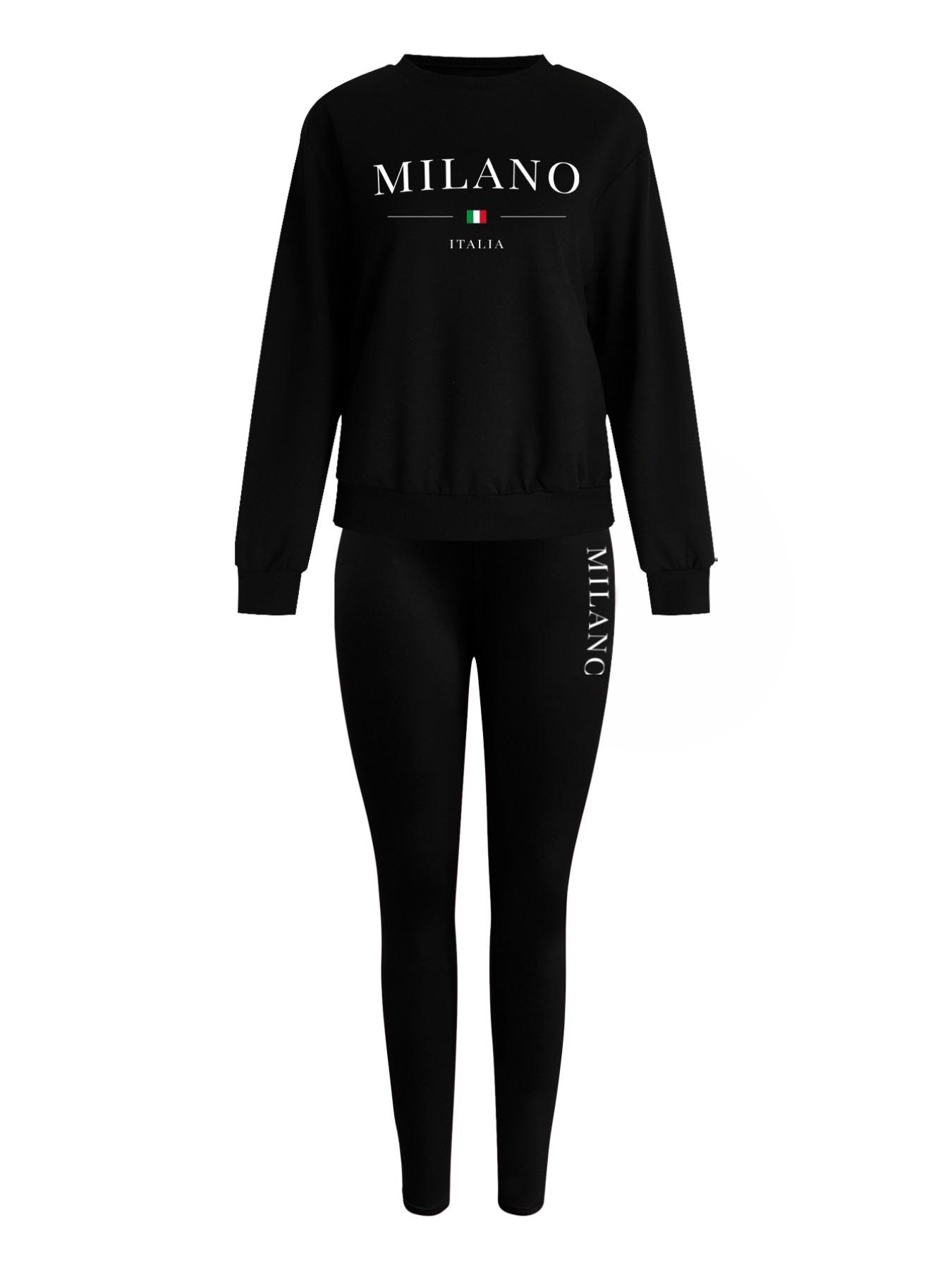 Women's 2-Piece Fitted Sweatshirt Set, Milano Letter Print, Round Neck Long Sleeve, Bottoms Pants, Casual Fall Winter