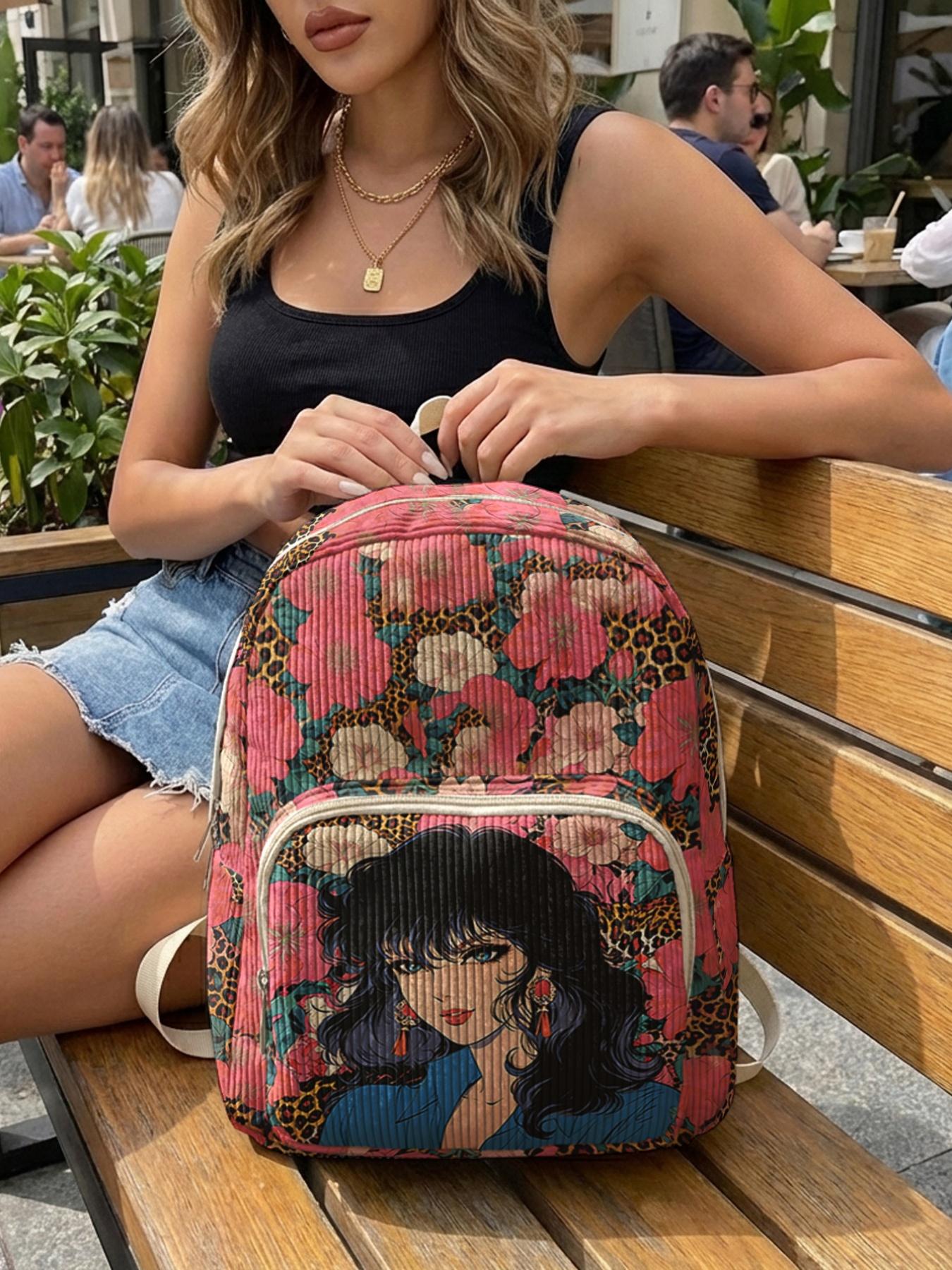 1 piece of woman in the flower bed pattern 2D printed lady's backpack, corduroy texture + layered storage + light weight reduction | perfect for students going to class/shopping/short trips | combining atmosphere and practicality Lightweight Backpack