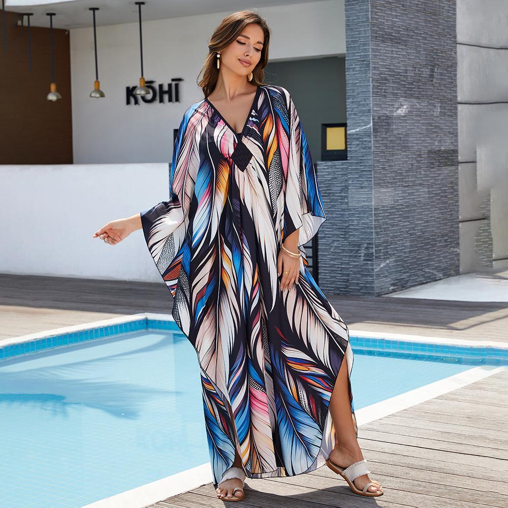 Bsubseach Women Ethnic Print Kaftan Beach Dress Plus Size Swimsuit Cover Up