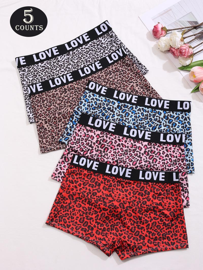 Women's Leopard & Cherry & Lip Print Boyshorts, Soft Comfy Breathable Panty for Daily Wear, Underwear for All Seasons, Casual Breathable Knicker