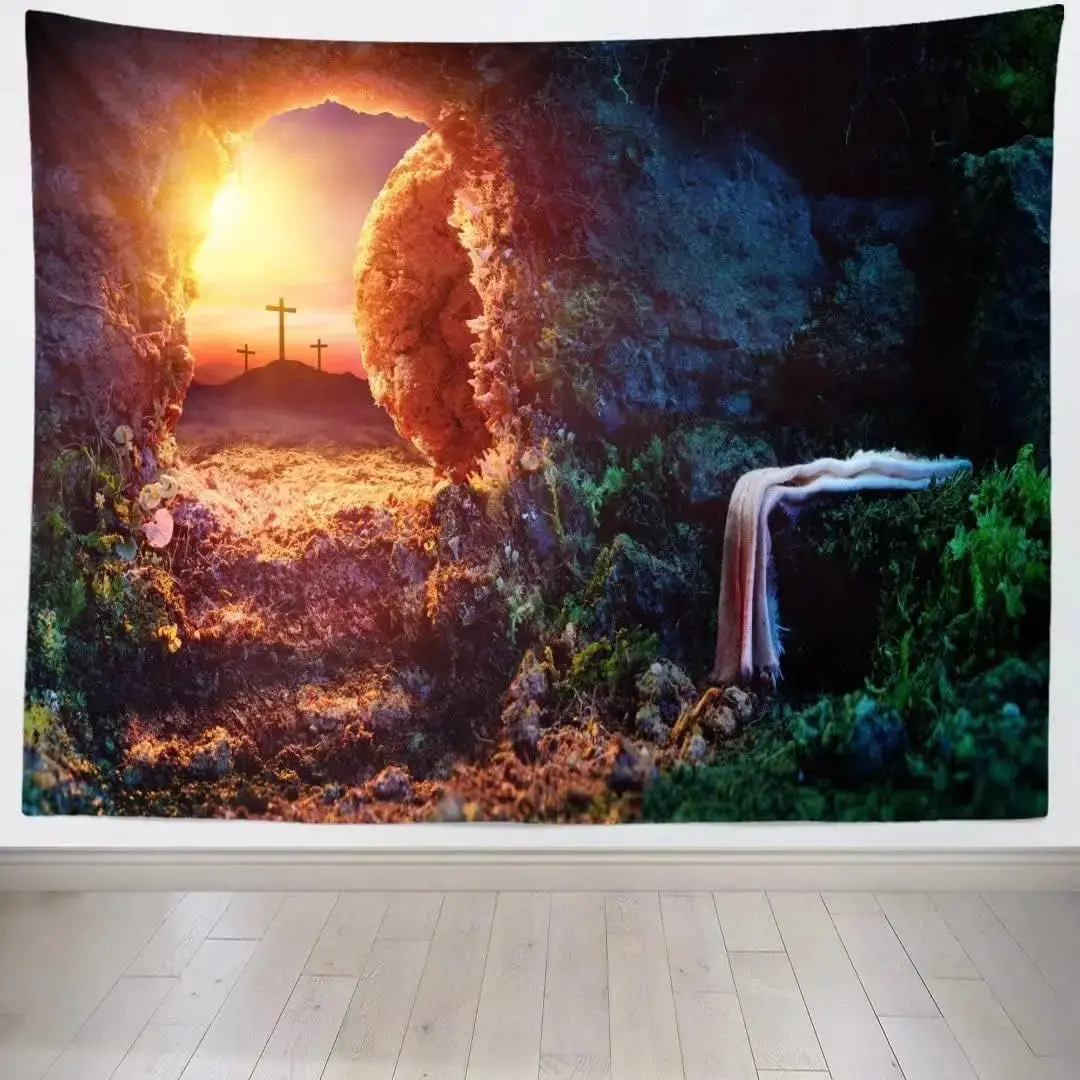 Jesus Tapestry Empty Tomb Jesus Crucifixion Shroud Art Wall Decor Resurrection of Jesus Backdrop with Cross Tapestry Easter Backdrop Church Poster Home Decor for Bedroom Livg Room Dorm Room,sohochic