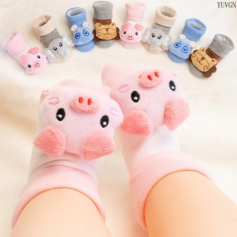 5 Pairs 3D Cartoon Animal Floor Socks, Cute Tiger Pig Elephant Rabbit Design Ankle Socks, Soft Breathable Non Slip Knit Socks, Fashion Decorative Socks for Daily Wear, Party and Casual Matching