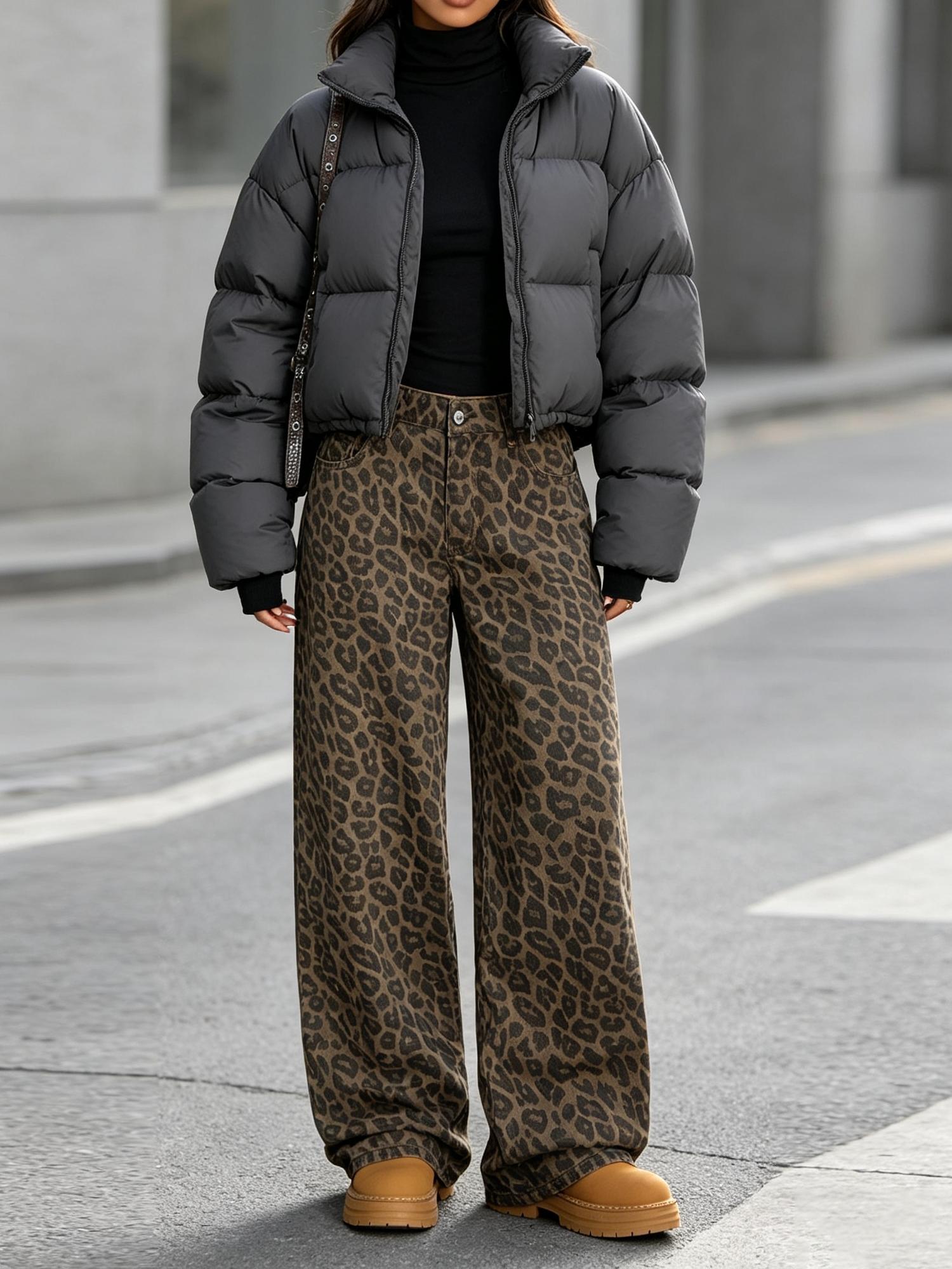 Women's Leopard Print Wide-Leg Oversized Pants, Loose-Fit Elastic Waist Button-Fly Trousers, Casual Trousers, Multiple Colors Available, Boho Style Pants, Bohemian Casual Pants, Casual Fashion Trousers