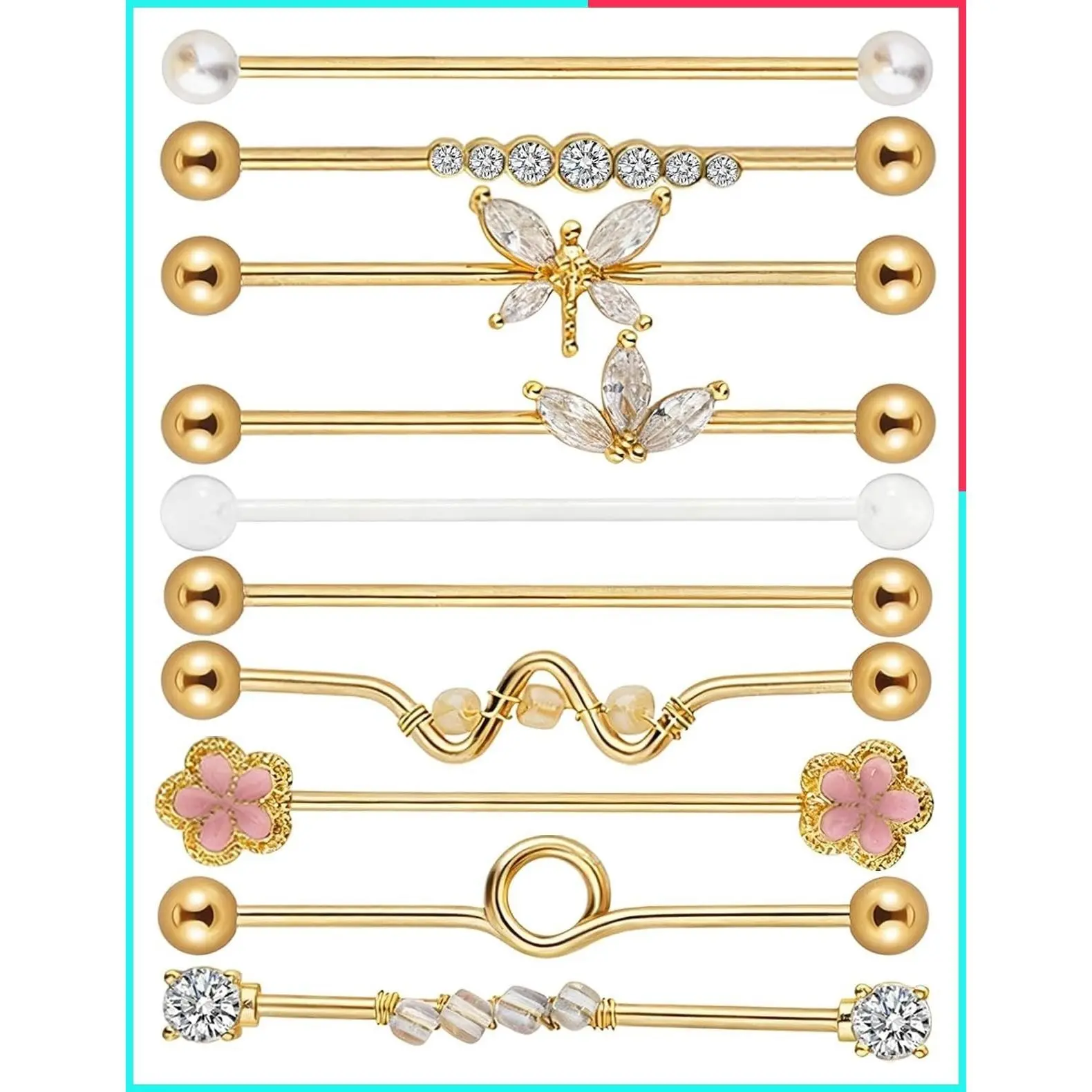 10Pcs 14G Surgical Steel Industrial Barbell Piercing Kit, Golden Helix Earrings for Women Men