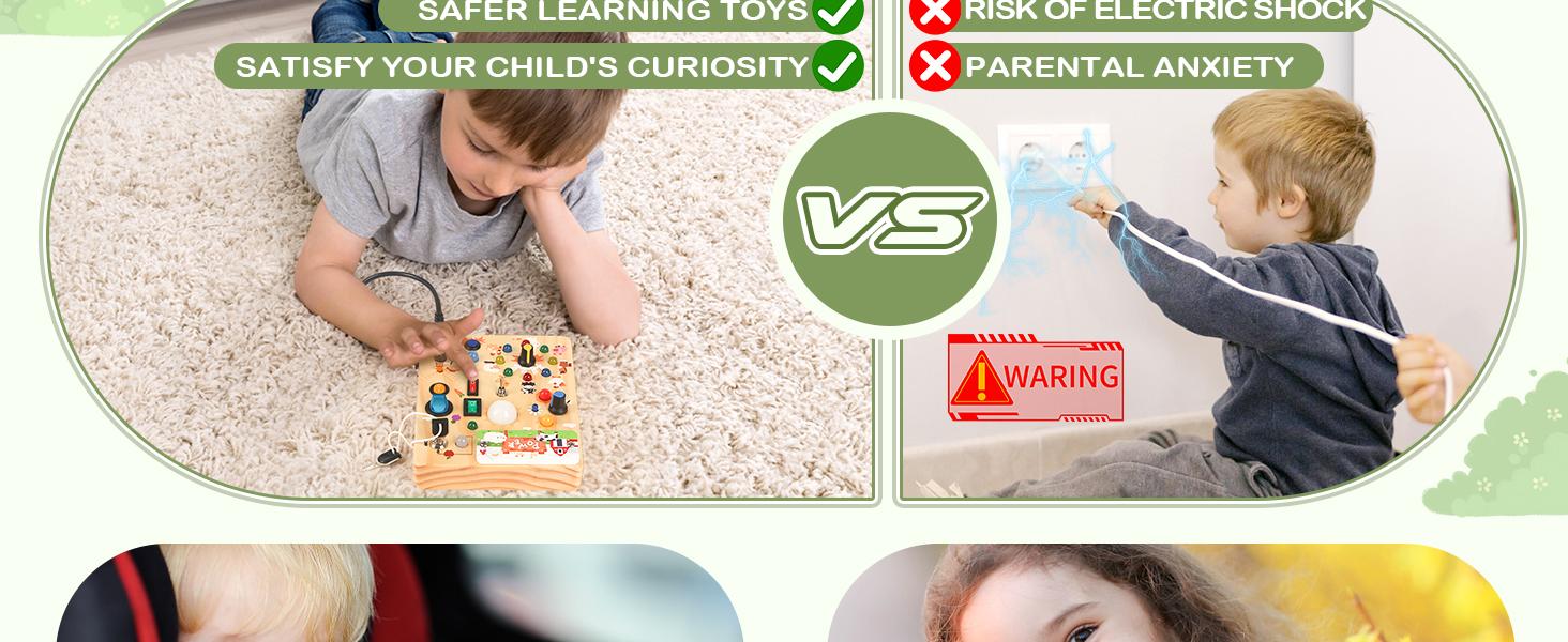 Joyreal Montessori Sensory Toys, Square-Shaped Wooden Busy Board with LED Light Up Switches,  Portable Learning Kids Toys,Christmas Gifts Ideas