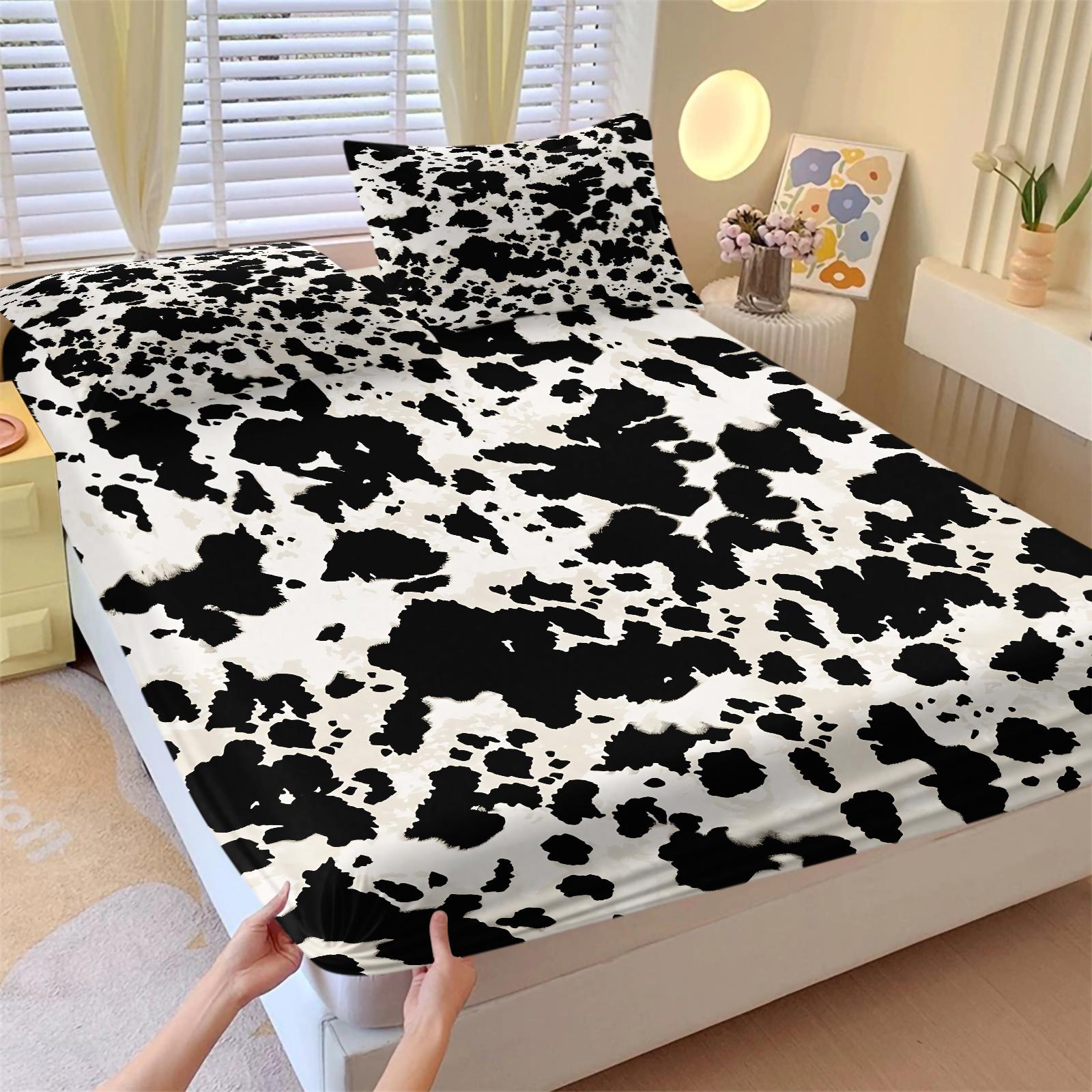 3Pcs Western Aztec Cow Print Fitted Sheet Set with 2 Pillowcases, Southwestern Turquoise Geometric Deep Pocket Elastic Mattress Cover, Boho Cowhide Tribal Bedding, Soft Microfiber Non-slip Bedspread, Printed Bedding Set for Bedroom Decor Bedset