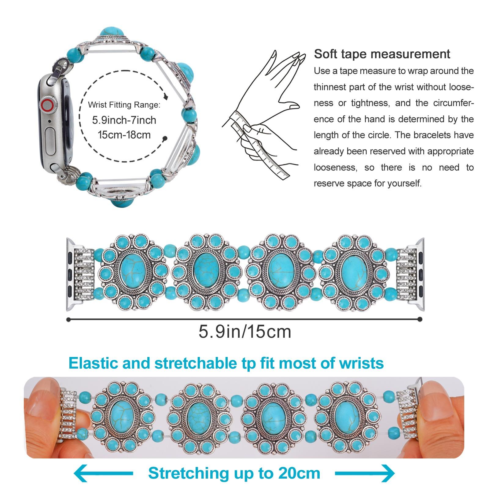 Bohemian Turquoise Beaded Band for Apple Watch，38mm,40mm,41mm,42mm,44mm,45mm,46mm,49mm Boho Vibe Turquoise Stretch Strap for iWatch Ultra1/2/3，S10 S11 SE987654321 Smartwatch Strap Smart Watch Accessories Smart Watch Straps