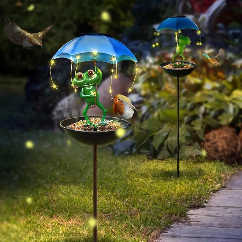 Solar LED Frog Bee Flamingo Umbrella Light with Bird Feeder, Outdoor Garden Decoration, Weather Resistant Metal Design, Yard Lawn Pathway