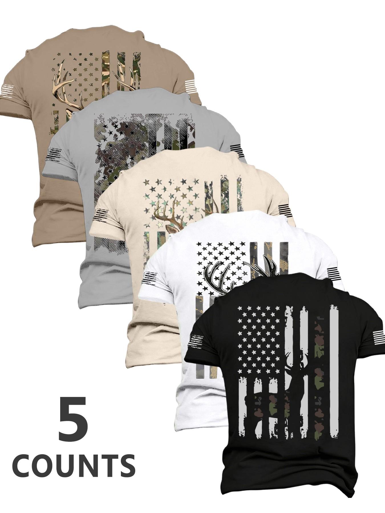 New Summer Men's Patriotic Style Deer & Flag Print T-Shirt Set Soft Breathable Short Sleeve Tees, Multiple Colors, Ideal Gift, Trendy Summer Tee