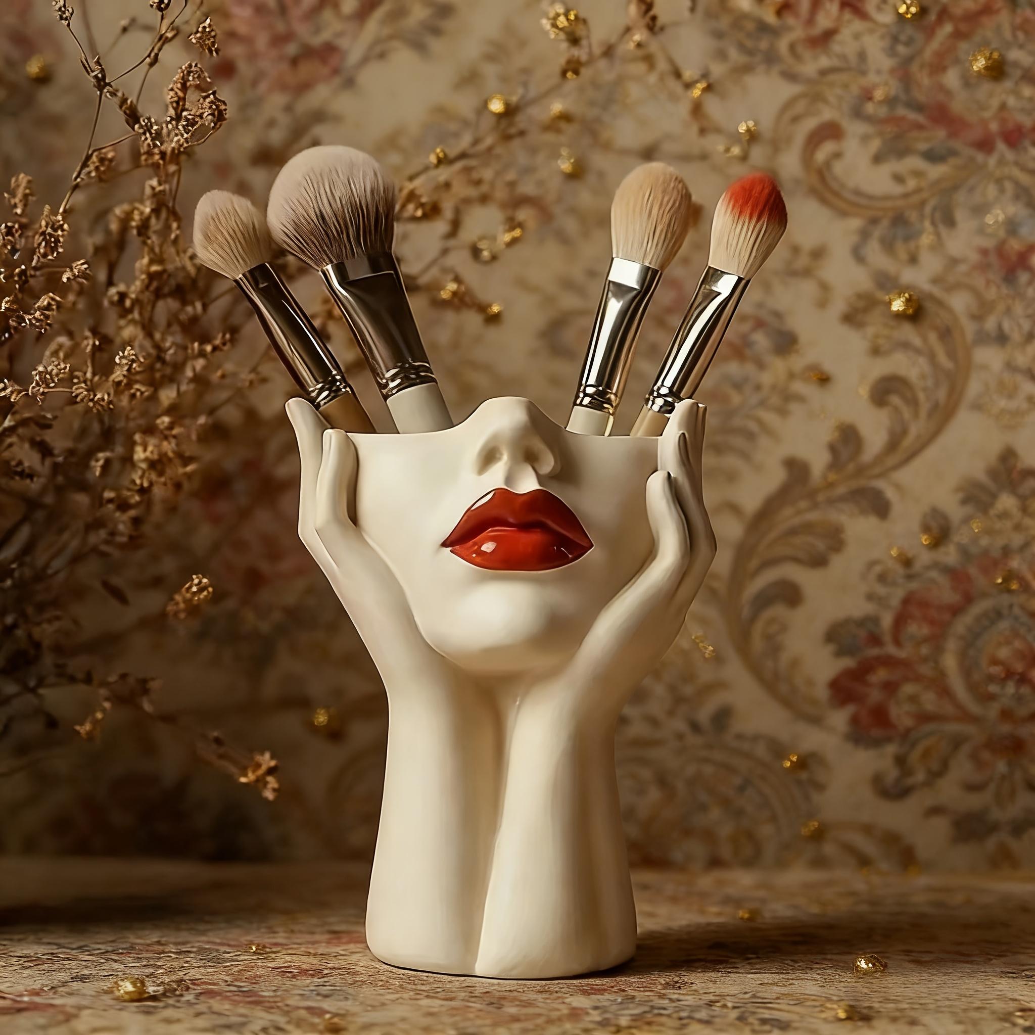 1pc Elegant Resin Makeup Brush Holder with a Red Lip Design - a Lightweight Synthetic Resin Cosmetic Organizer, Pen Holder, and Freestanding Desktop Organizer for Use in the Bathroom or on a Dressing Table.