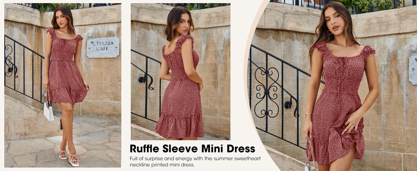 Wenrine Women's Summer Ruffle Sleeve Sweetheart Neckline Printing Dress Mini Dresses