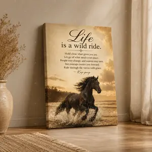 "Life is a Wild Ride" Horse Beach Vertical Canvas Wall Art, Inspirational Quote Poster, Home Decor for Living Room Bedroom Office, Available as Unframed Canvas Poster or Framed Canvas Wrap