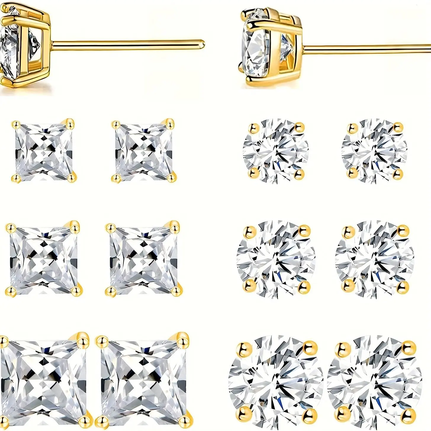 4 Pairs Stud Earrings Set for Women, Round & Square Multi‑Size Multi‑Tone Earring Pack, Four‑Prong Classic Solitaire Stud Earrings, Daily Wedding Party Fashion Jewelry Gift for Birthday Holiday