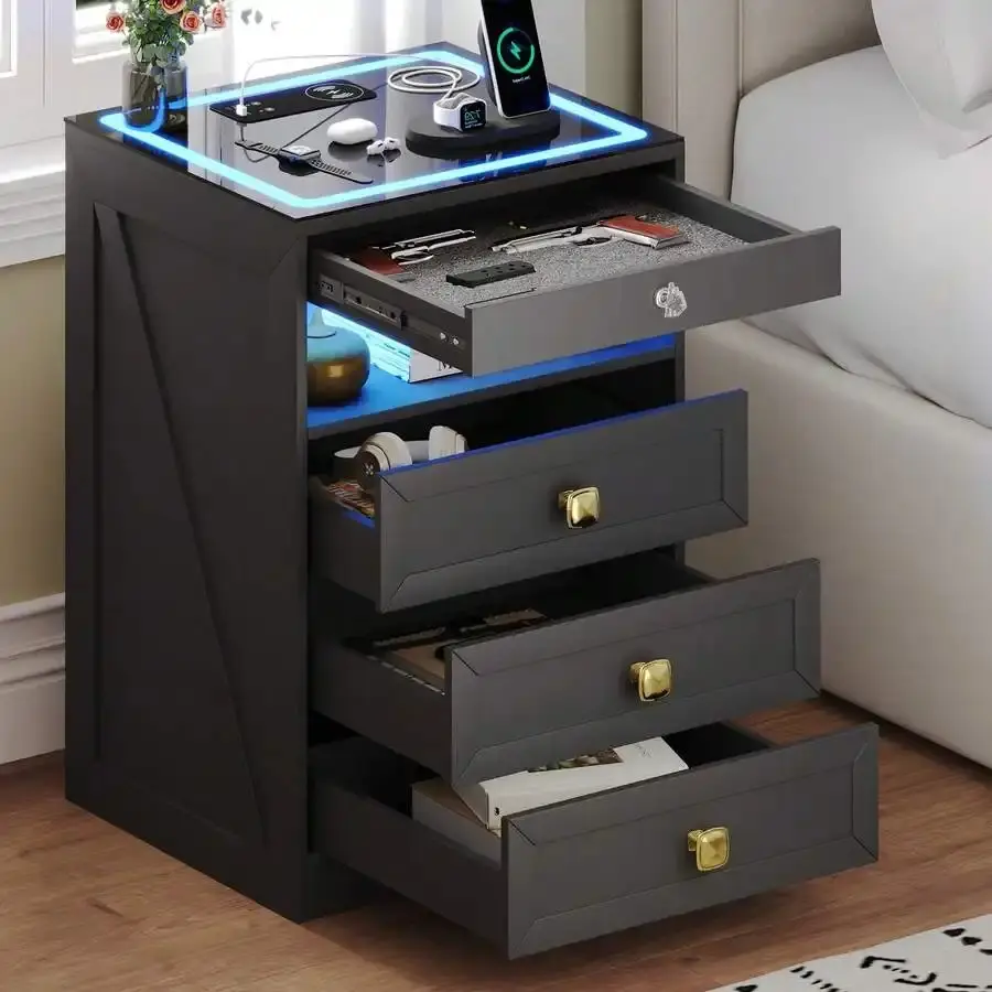 Black Nightstand (Single Unit) - Farmhouse Modern MDF Bedroom/Office LED Bedside Table, 3 Drawers with Lockable Safe Gun Drawer, 3 Auto-On LED Lights, Glass Top, USB Port Charging Station, Electronic Auto-Sensing Mode, Assembly Required