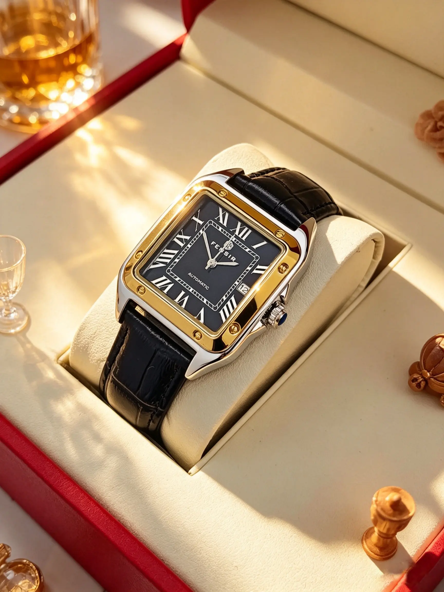 Luxury Square Men's Mechanical Watch, Business Leather Strap, Commute, Travel, Date Function, Waterproof, Versatile Men's Watch