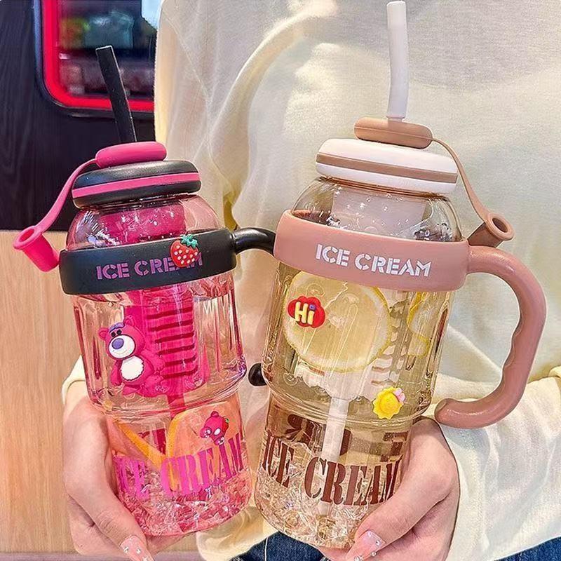 1200ML Thermal Water Bottle with Tea Infuser and Straw, Large Handle, High Capacity, Cute, Dustproof, Summer Water Cup for Women and Students, Large Water Bottle, Lucky King Ice Water Cup