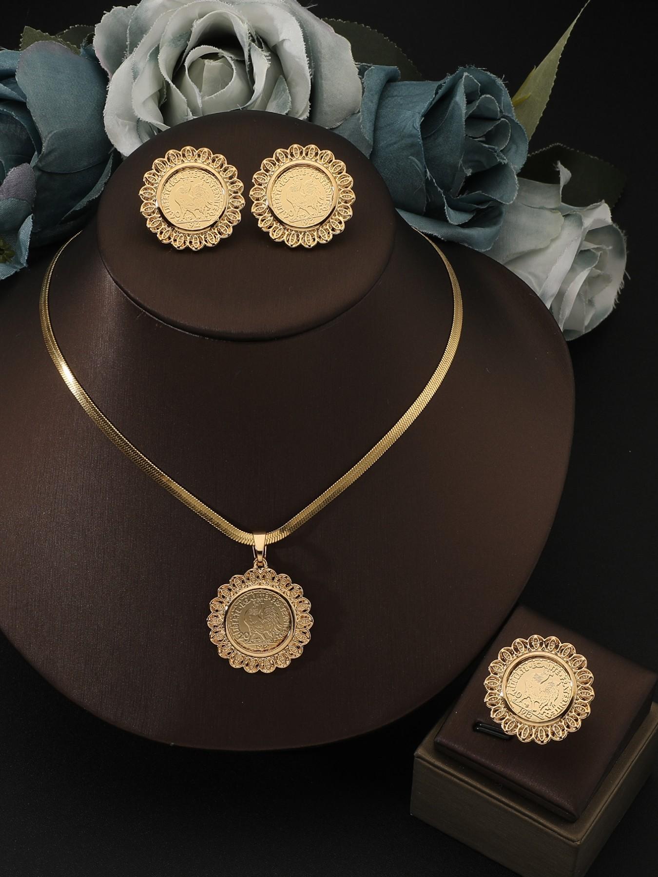 Luxury Vintage Gold Coin Set, Middle Eastern Style Necklace Earrings Ring, Bridal Wedding Jewelry, Casual All-Season Accessories