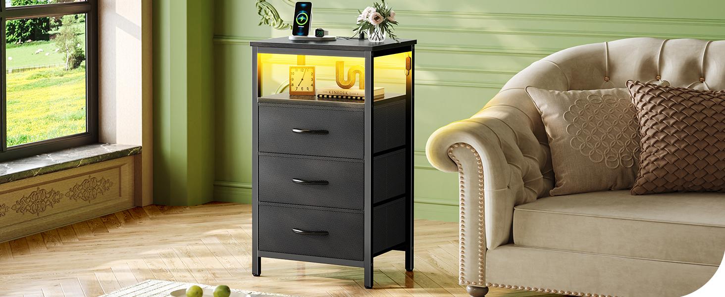 Huuger Night Stand with Charger Station and LED Lights, 3 Drawer Nightstand, Bed Side Table with Open Shelf, Tall Fabric Dresser for Bedroom room decor