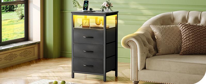 Huuger Night Stand with Charger Station and LED Lights, 3 Drawer Nightstand, Bed Side Table with Open Shelf, Tall Fabric Dresser for Bedroom room decor