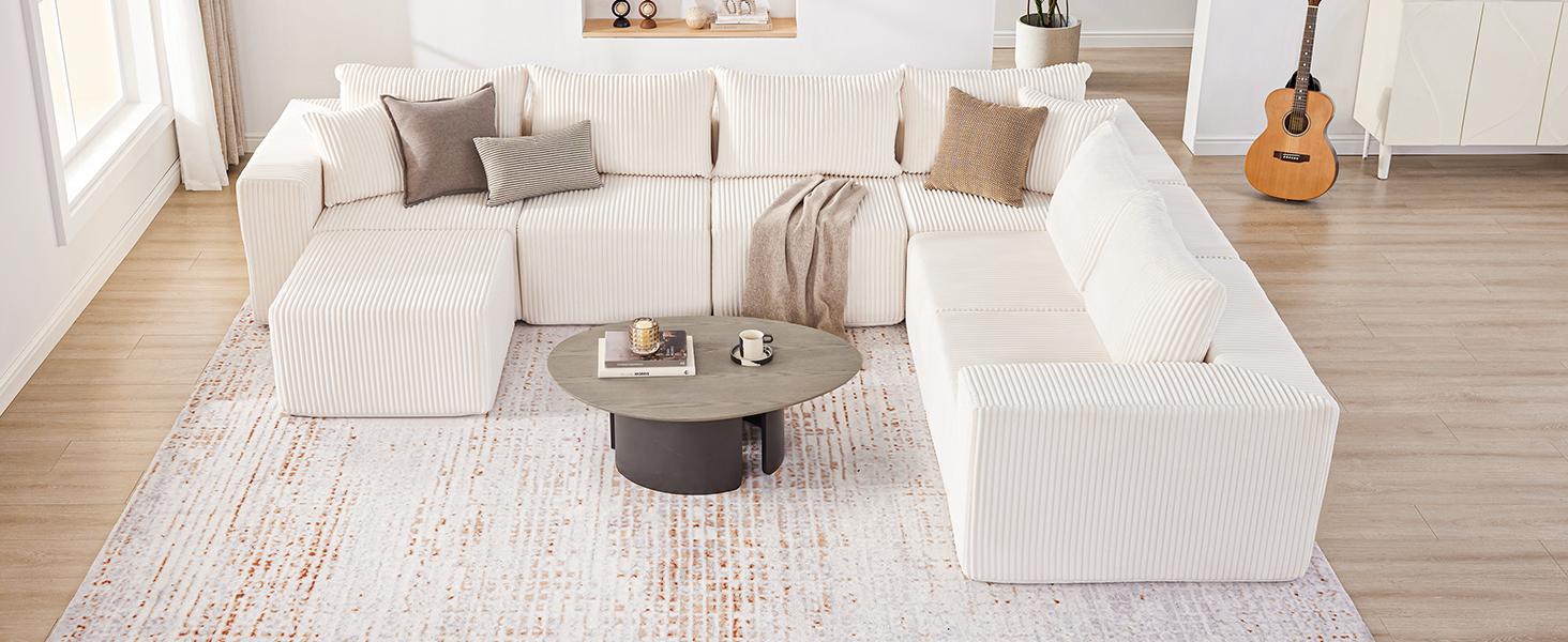 【4 packages】135.4" Cloud Couch Sectional, Sectional Sleeper Sofa with Deep Seat, Plush Corduroy U Shaped Boneless Couch, Convertible Modular Couches for Living Room, 7Seat