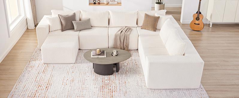 【4 packages】135.4" Cloud Couch Sectional, Sectional Sleeper Sofa with Deep Seat, Plush Corduroy U Shaped Boneless Couch, Convertible Modular Couches for Living Room, 7Seat