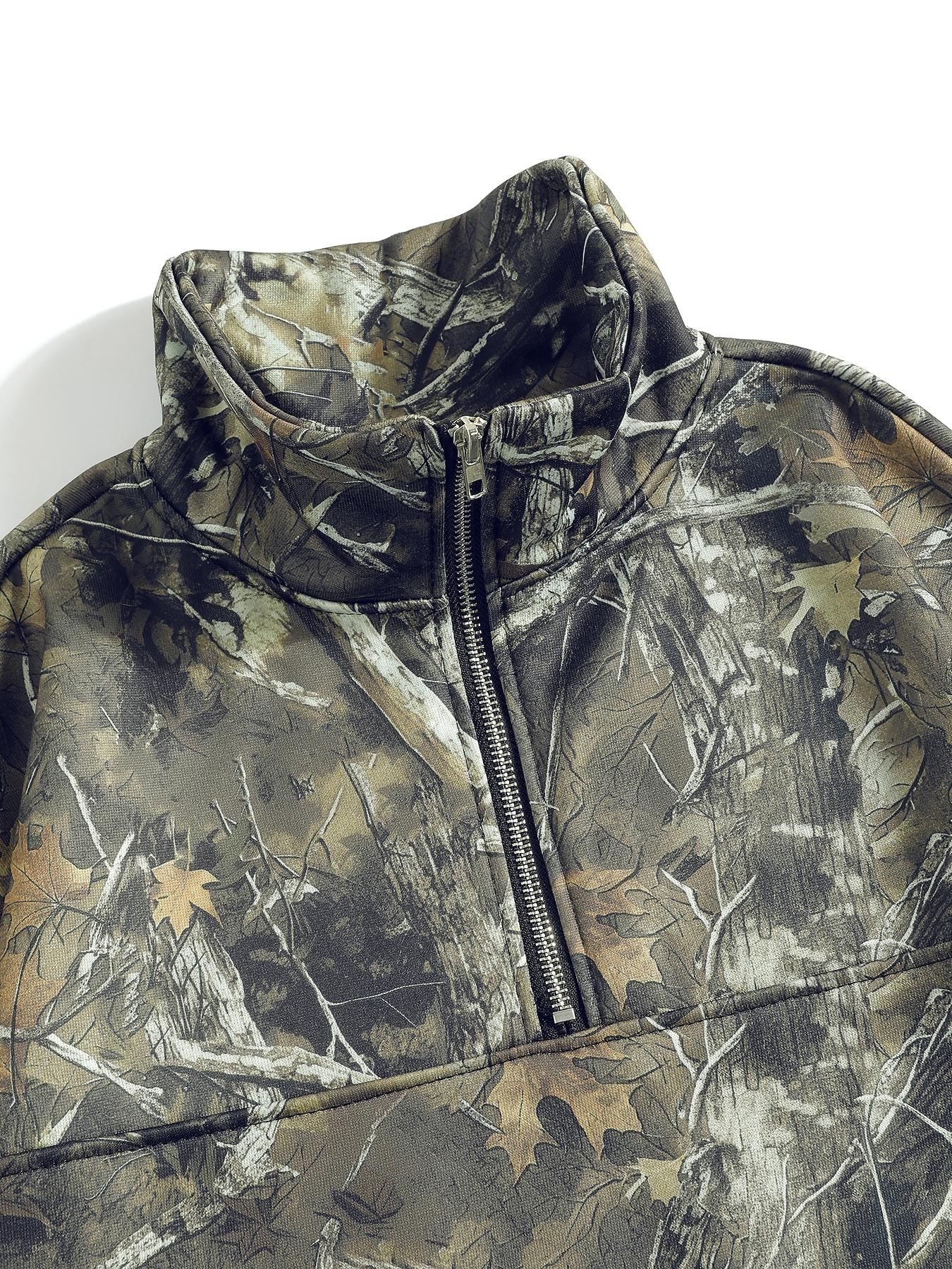 Women's Hooded Half-Zip Casual Round Neck Sport Top, Full Print Leaf Pattern, Digital Printing, Loose Fit, Fall & Winter