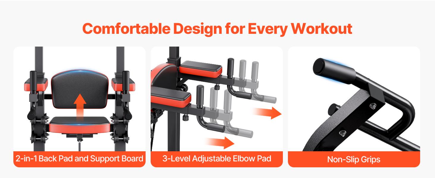 VEVOR Pull Up Bar, 330 LBS Power Tower Dip Station, Workout Dip Station with H-Shaped Stable Base Assistance Platform, Adjustable 9 Level Height Pullup Stand for Back, 3-Level Adjustable Elbow Pads