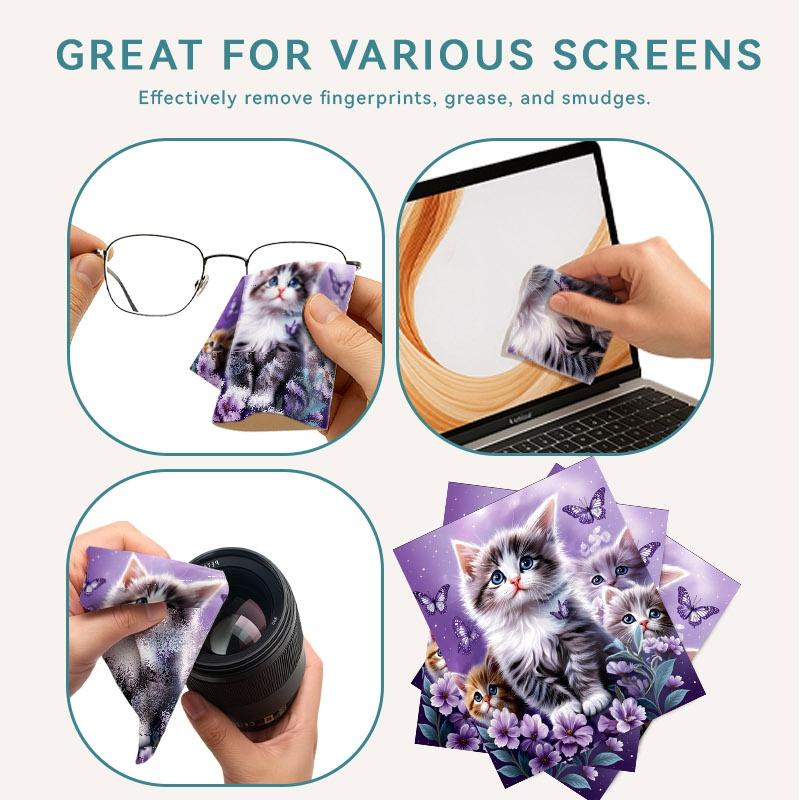 1/3/6/14pcs Kitten - Themed Cleaning Cloth, Suitable For Camera Lenses, Eyeglasses, Multiple Specifications Available, Single - Sided, Soft Material, Ideal For Home Use, Magical Purple Kitten Design