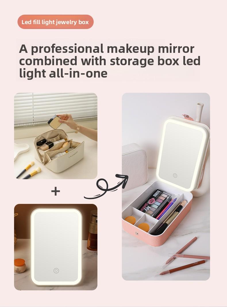 Internet celebrity portable home and outdoor storage mirror, makeup mirror with integrated LED fill light, snap-button mirror, desktop dressing storage box, Led Lit Mirror